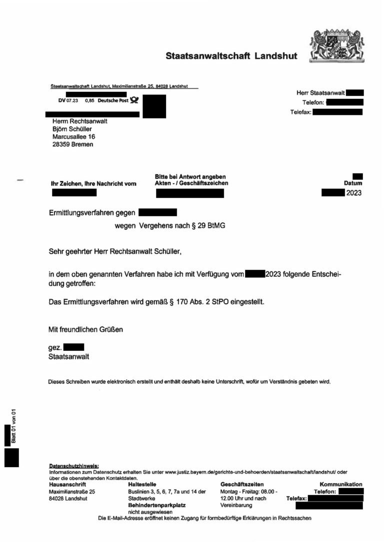 Einstellung nach § 170 Abs. 2 StPO, Staatsanwaltschaft Landshut, 2023 (geschwärzt)