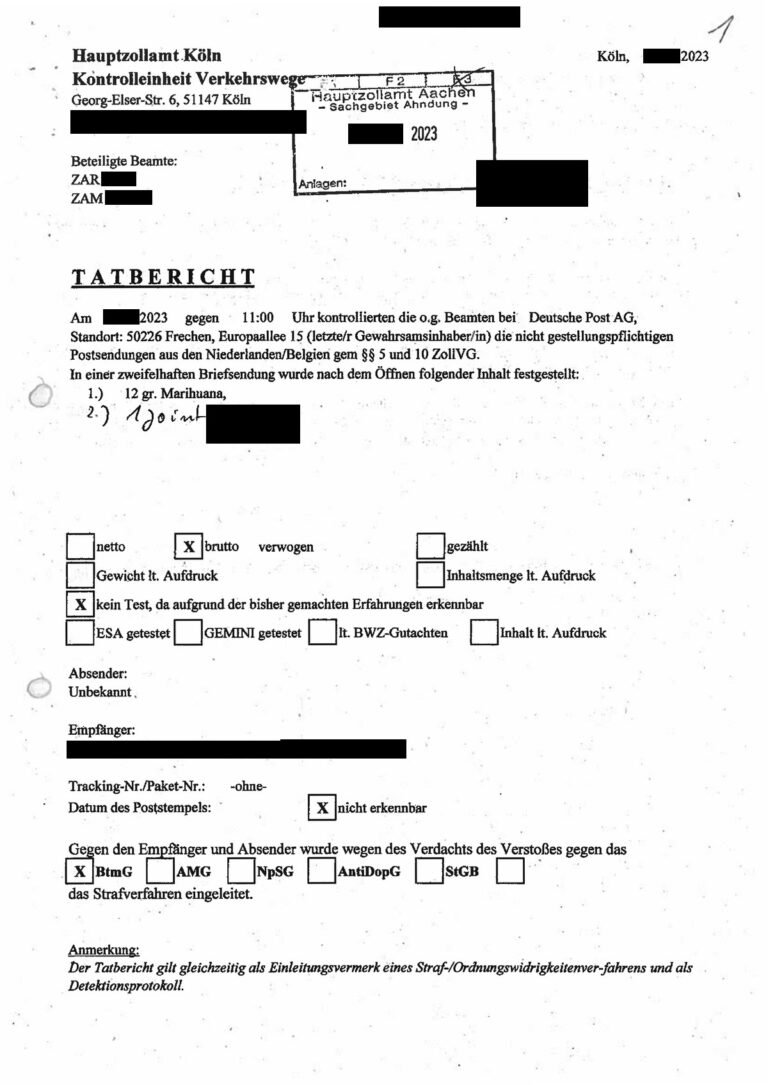 Tatbericht des Zolls aus einem später eingestellten Verfahren der Staatsanwaltschaft Landshut, 2024 (geschwärzt)