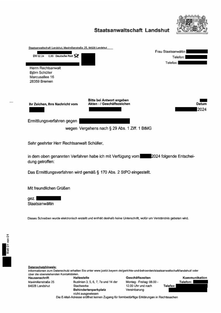 Einstellung nach § 170 Abs. 2 StPO, Staatsanwaltschaft Landshut, 2024 (geschwärzt)