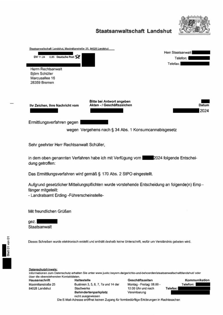 Einstellung nach § 170 Abs. 2 StPO, Staatsanwaltschaft Landshut, 2024 (geschwärzt)