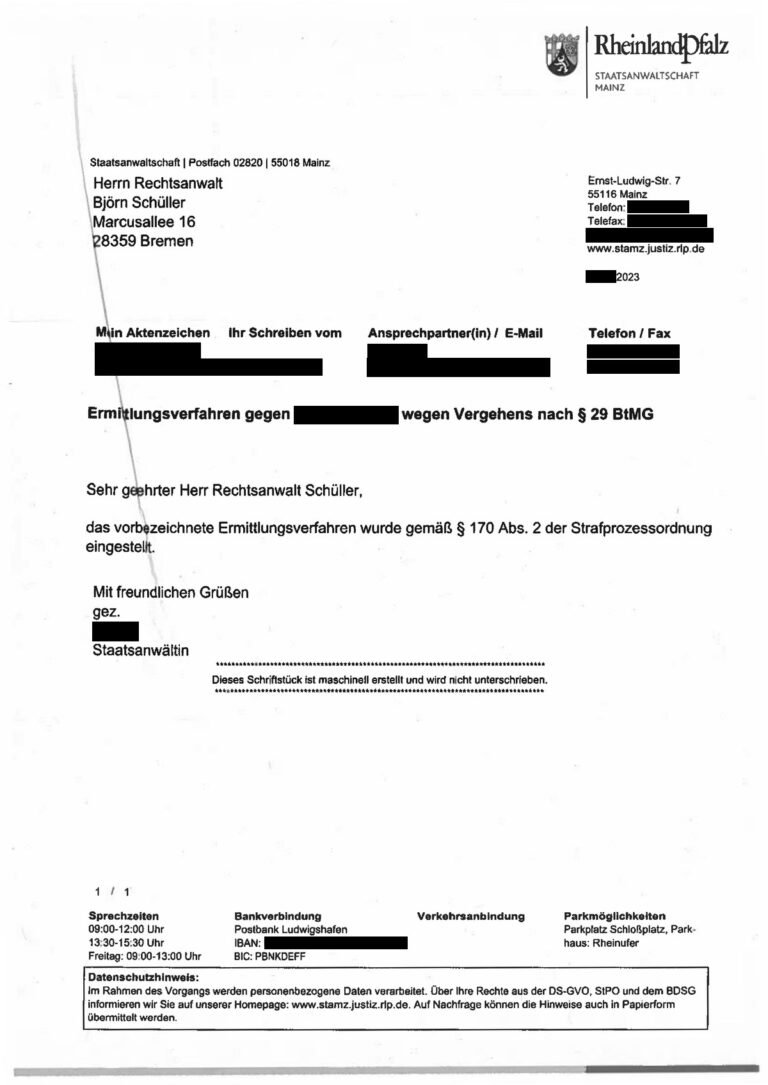 Einstellung nach § 170 Abs. 2 StPO, Staatsanwaltschaft Mainz, 2023 (geschwärzt)