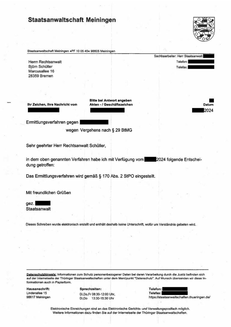 Einstellung nach § 170 Abs. 2 StPO, Staatsanwaltschaft Meiningen, 2024 (geschwärzt)