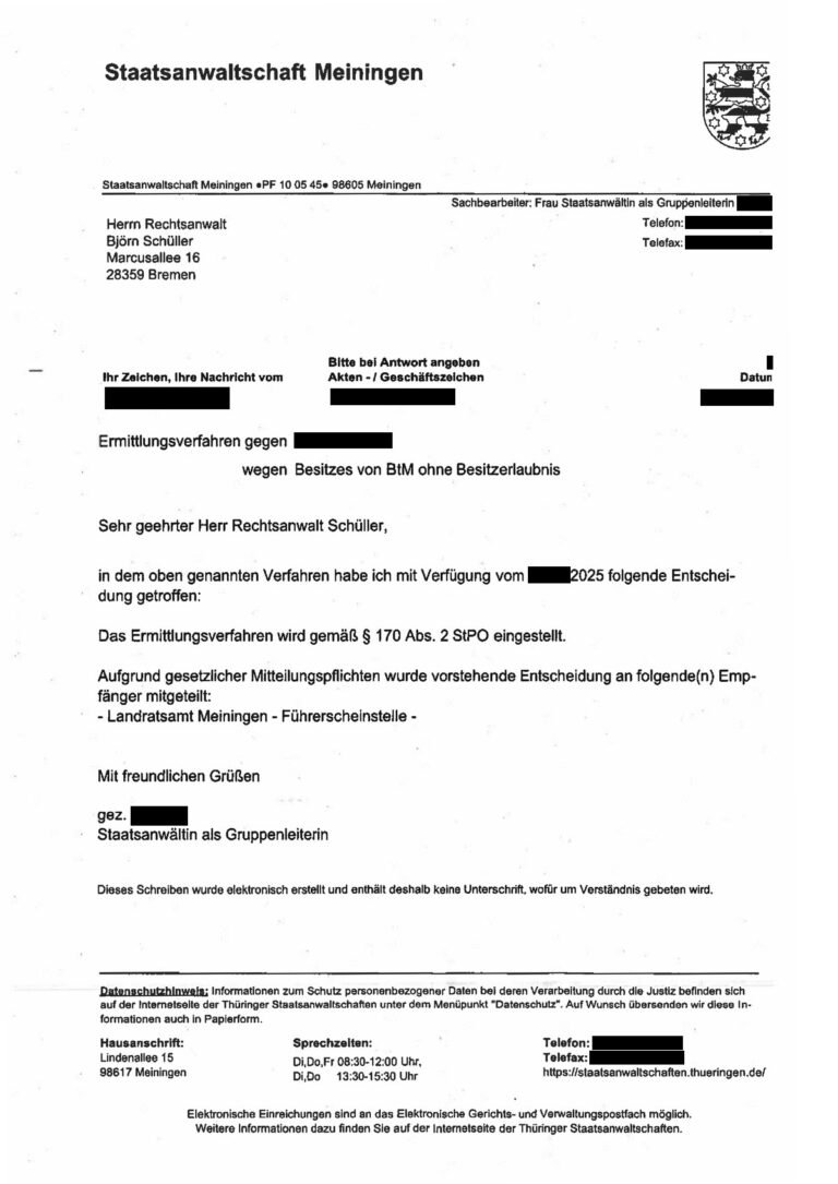 Einstellung nach § 170 Abs. 2 StPO, Staatsanwaltschaft Meiningen, 2025 (geschwärzt)