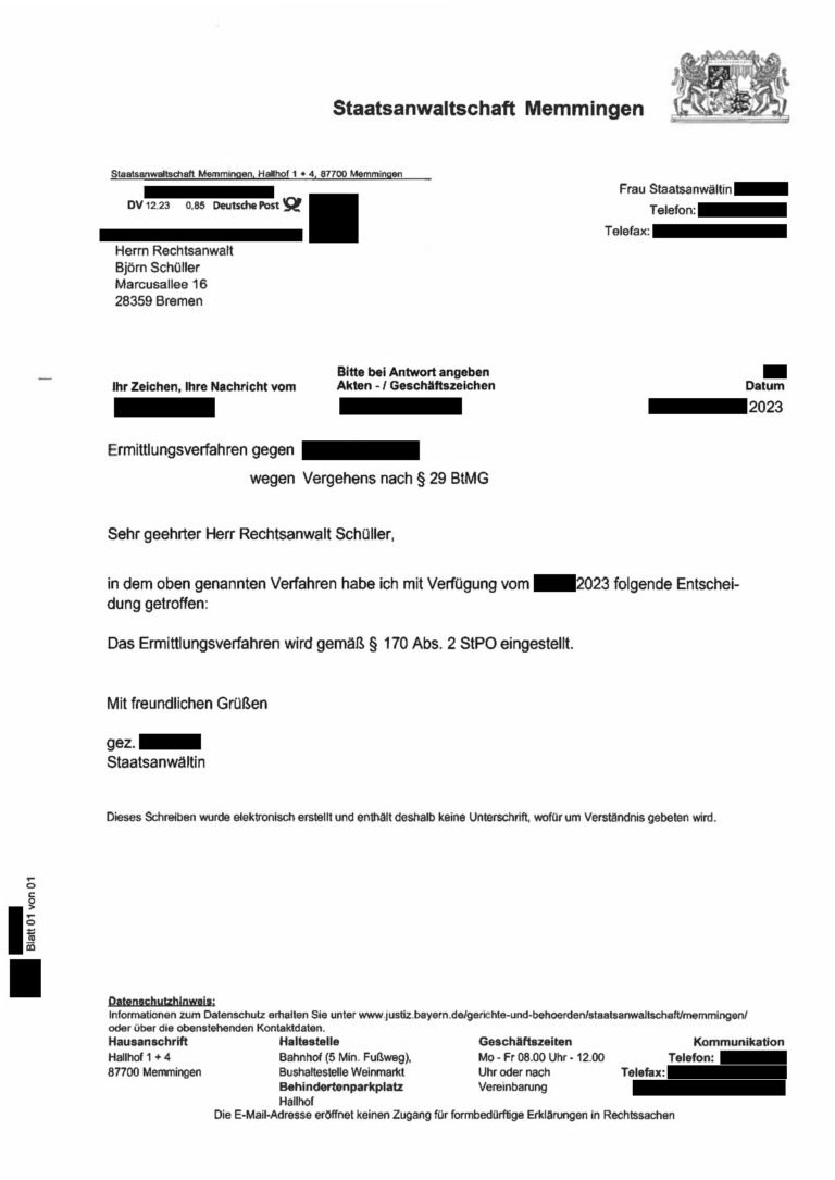 Einstellung nach § 170 Abs. 2 StPO, Staatsanwaltschaft Memmingen, 2023 (geschwärzt)