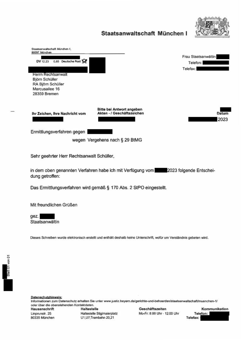 Einstellung nach § 170 Abs. 2 StPO, Staatsanwaltschaft München I, 2023 (geschwärzt)