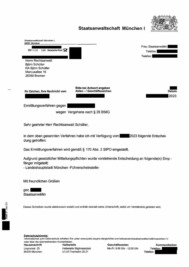 Einstellung nach § 170 Abs. 2 StPO, Staatsanwaltschaft München I, 2023 (geschwärzt)
