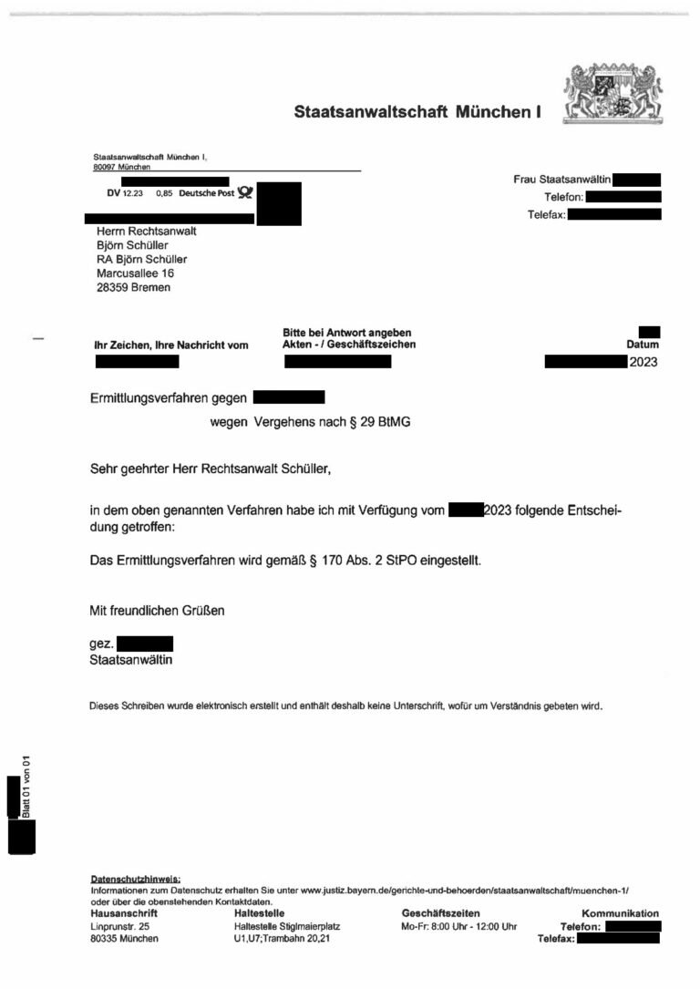 Einstellung nach § 170 Abs. 2 StPO, Staatsanwaltschaft München I, 2023 (geschwärzt)