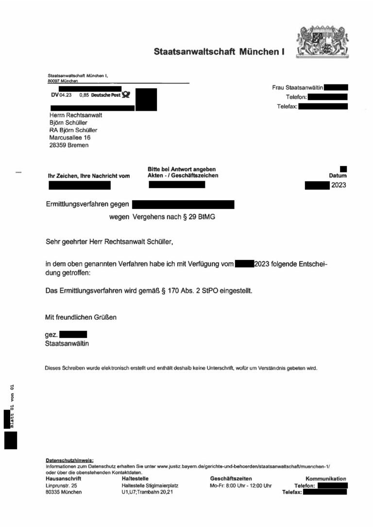 Einstellung nach § 170 Abs. 2 StPO, Staatsanwaltschaft München I, 2023 (geschwärzt)