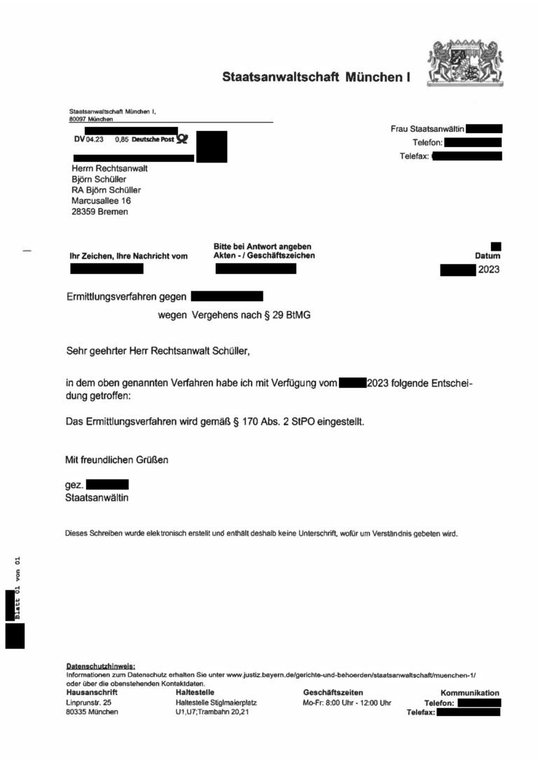Einstellung nach § 170 Abs. 2 StPO, Staatsanwaltschaft München I, 2023 (geschwärzt)