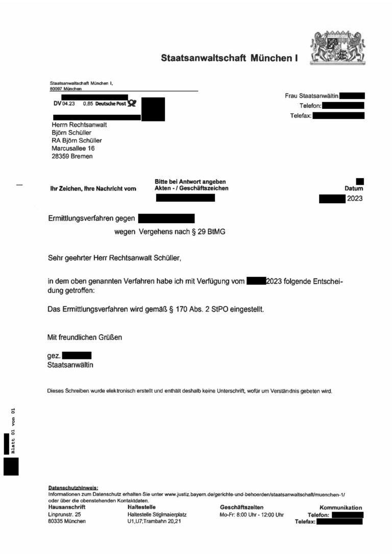 Einstellung nach § 170 Abs. 2 StPO, Staatsanwaltschaft München I, 2023 (geschwärzt)