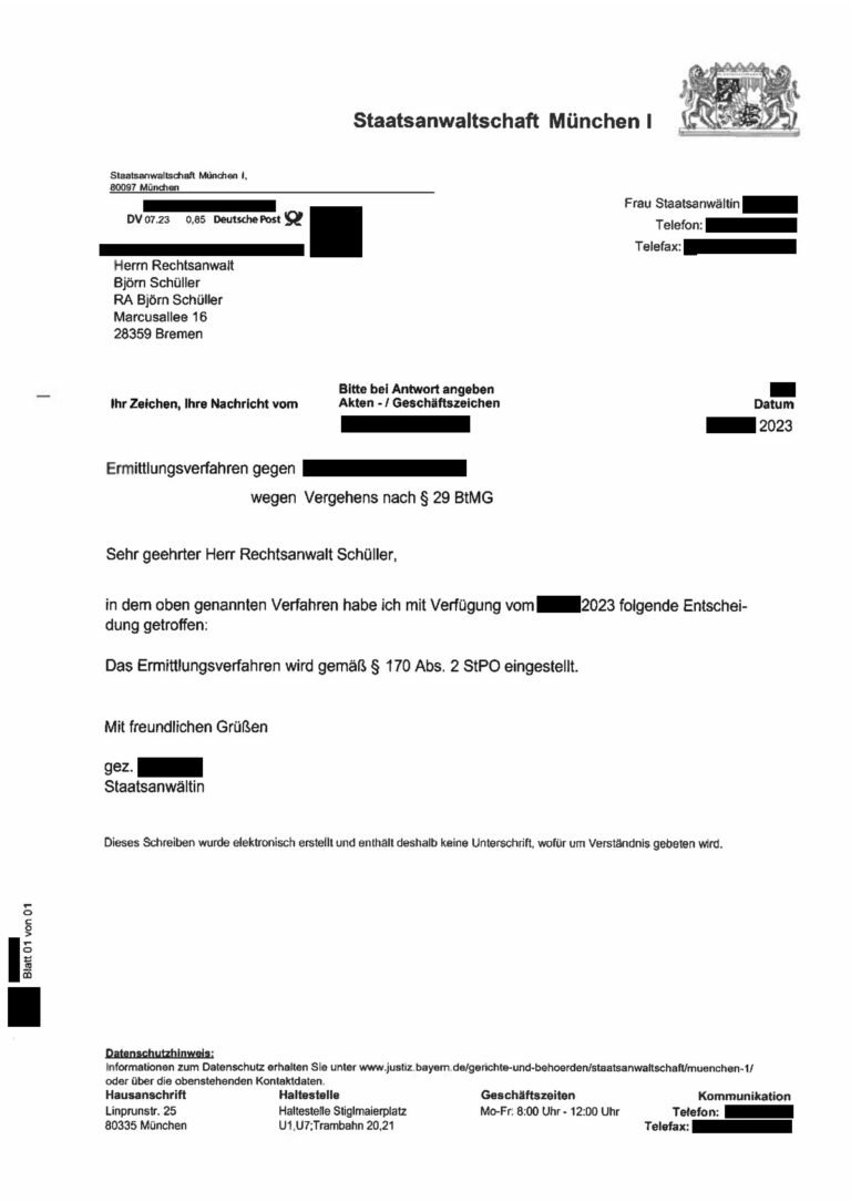 Einstellung nach § 170 Abs. 2 StPO, Staatsanwaltschaft München I, 2023 (geschwärzt)