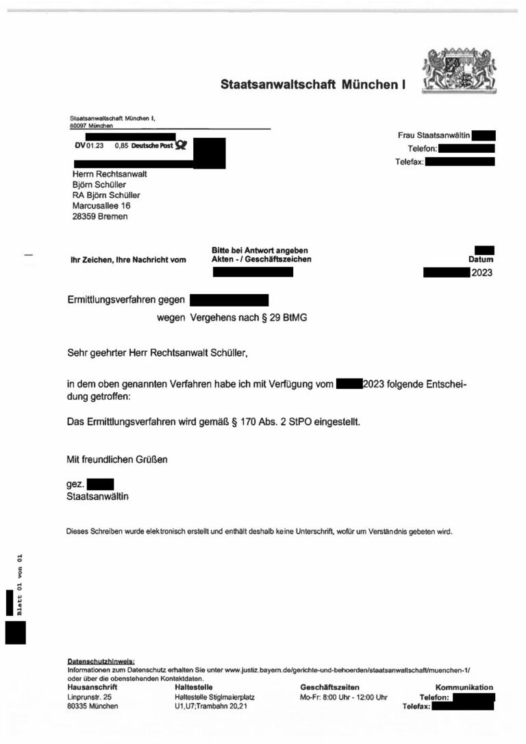 Einstellung nach § 170 Abs. 2 StPO, Staatsanwaltschaft München I, 2023 (geschwärzt)