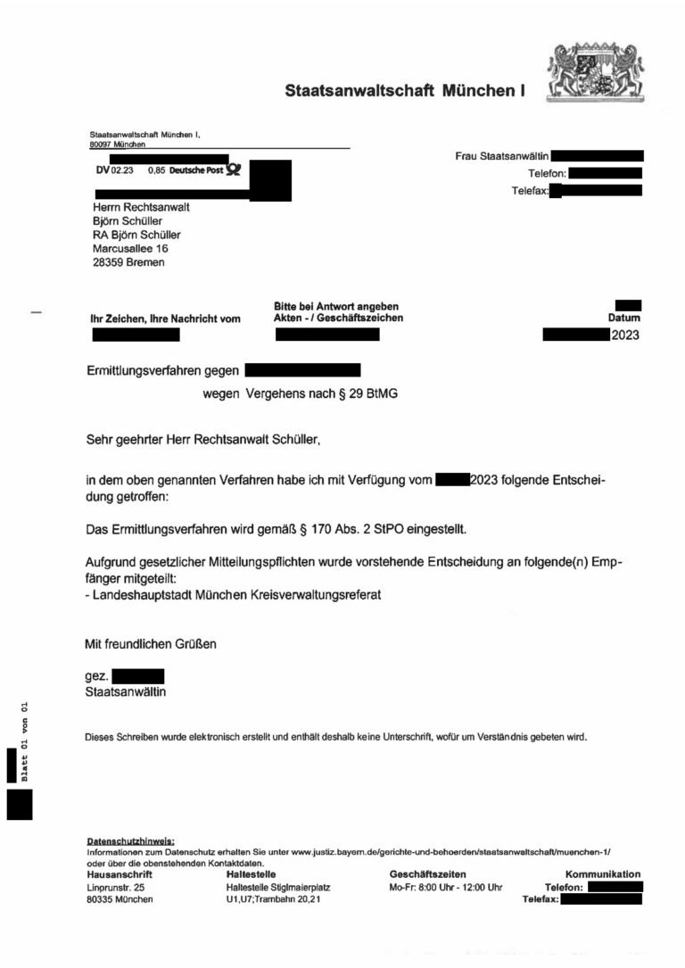 Einstellung nach § 170 Abs. 2 StPO, Staatsanwaltschaft München I, 2023 (geschwärzt)