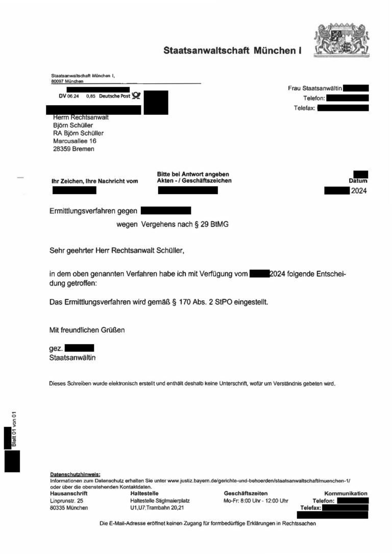 Einstellung nach § 170 Abs. 2 StPO, Staatsanwaltschaft München I, 2024 (geschwärzt)