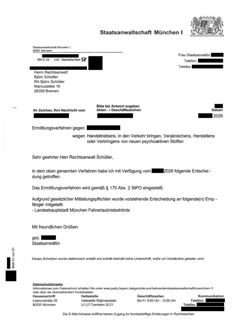 Einstellung nach § 170 Abs. 2 StPO, Staatsanwaltschaft München I, 2026 (geschwärzt)