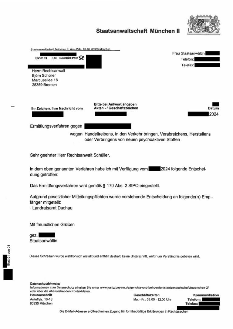 Einstellung nach § 170 Abs. 2 StPO, Staatsanwaltschaft München II, 2024 (geschwärzt)