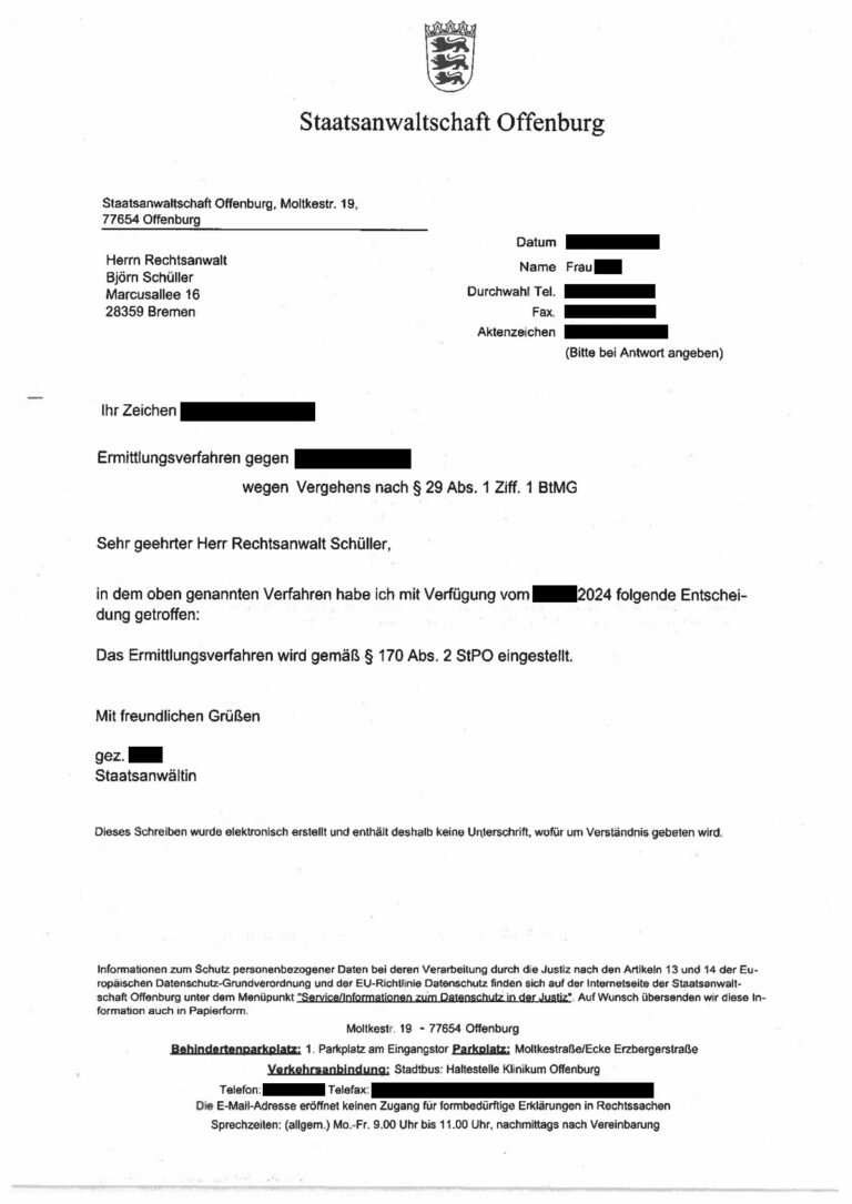 Einstellung nach § 170 Abs. 2 StPO, Staatsanwaltschaft Offenburg, 2024 (geschwärzt)