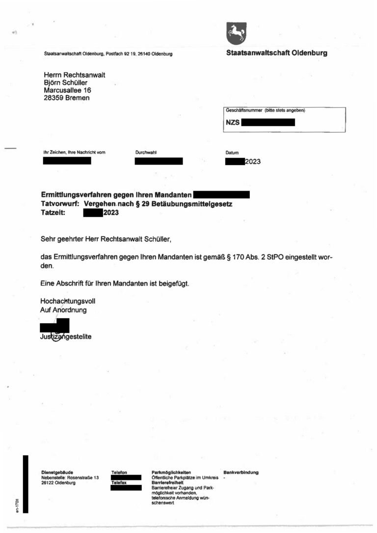 Einstellung nach § 170 Abs. 2 StPO, Staatsanwaltschaft Oldenburg, 2023 (geschwärzt)