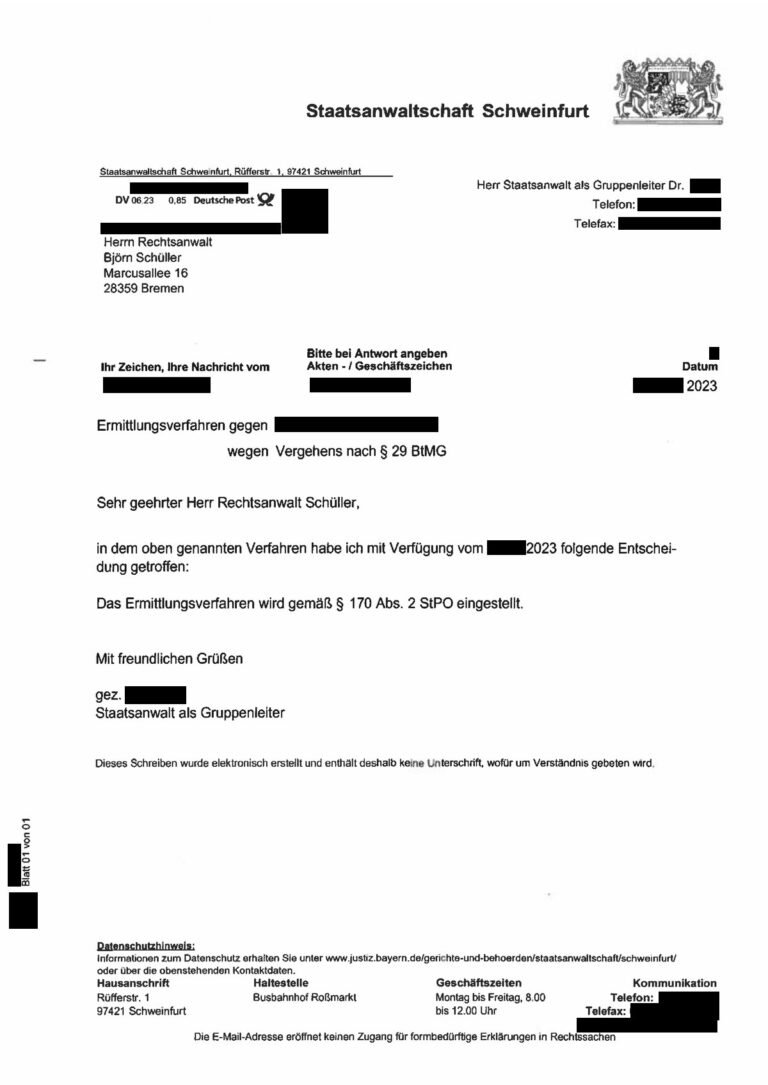 Einstellung nach § 170 Abs. 2 StPO, Staatsanwaltschaft Schweinfurt, 2023 (geschwärzt)