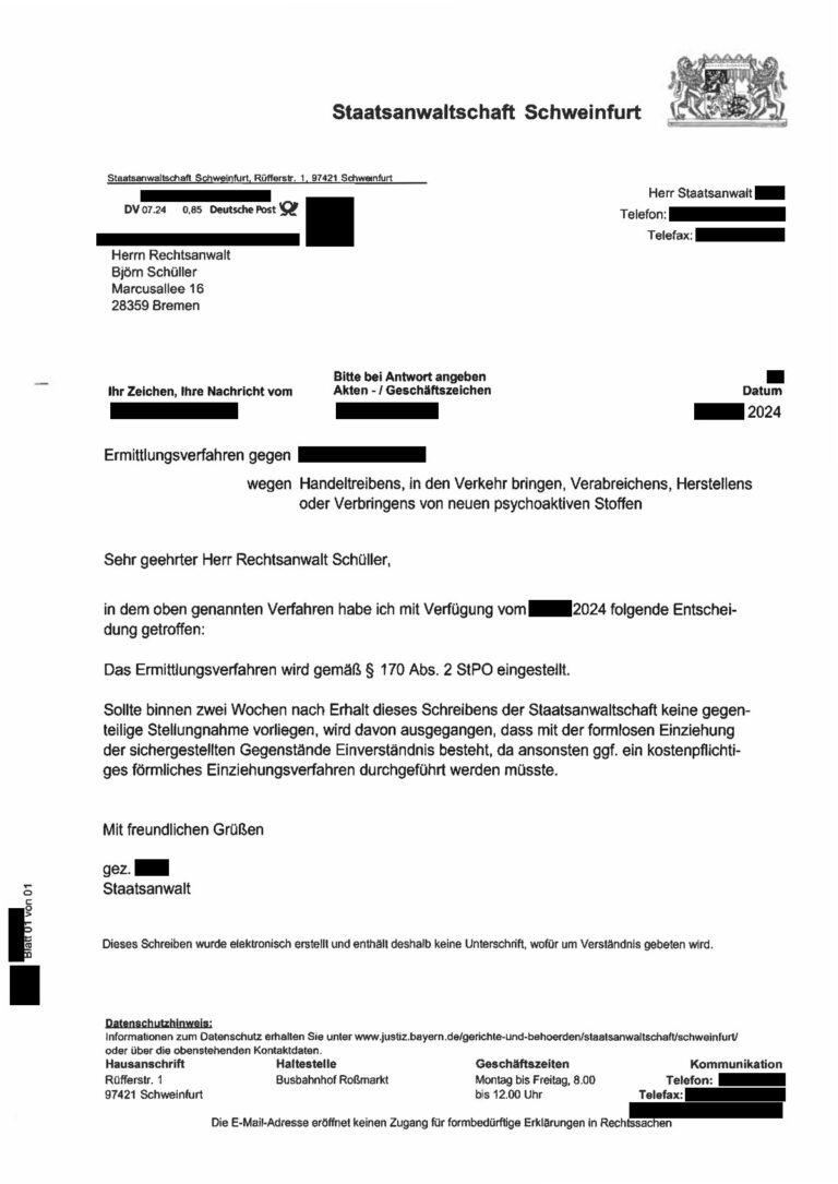 Einstellung nach § 170 Abs. 2 StPO, Staatsanwaltschaft Schweinfurt, 2024 (geschwärzt)