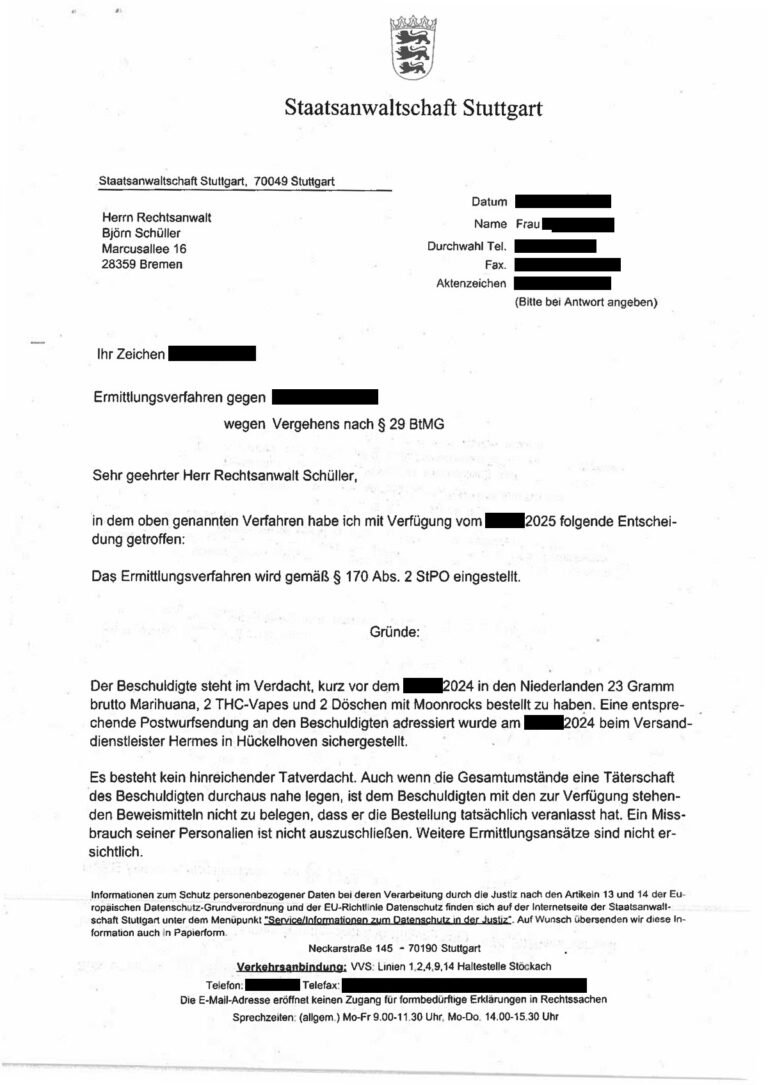 Einstellung nach § 170 Abs. 2 StPO, Staatsanwaltschaft Stuttgart, 2025 (geschwärzt)