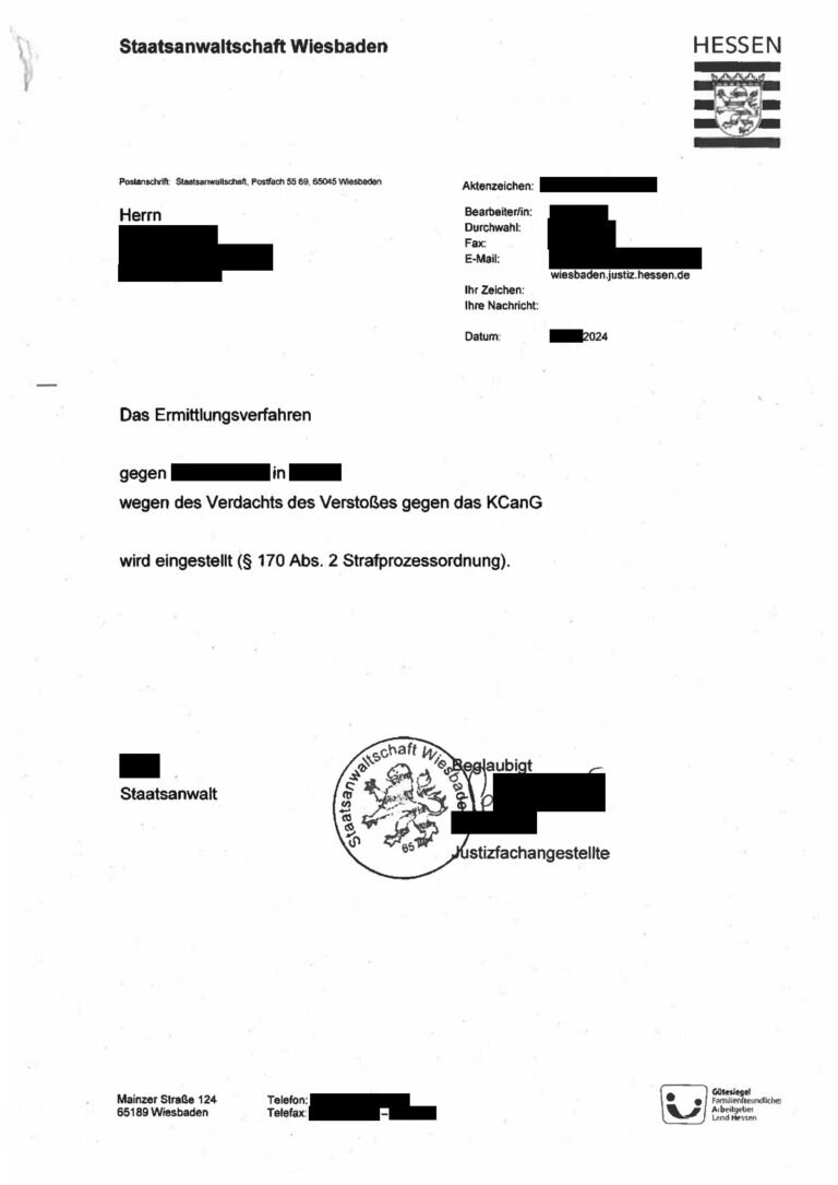 Einstellung nach § 170 Abs. 2 StPO, Staatsanwaltschaft Wiesbaden, 2024 (geschwärzt)
