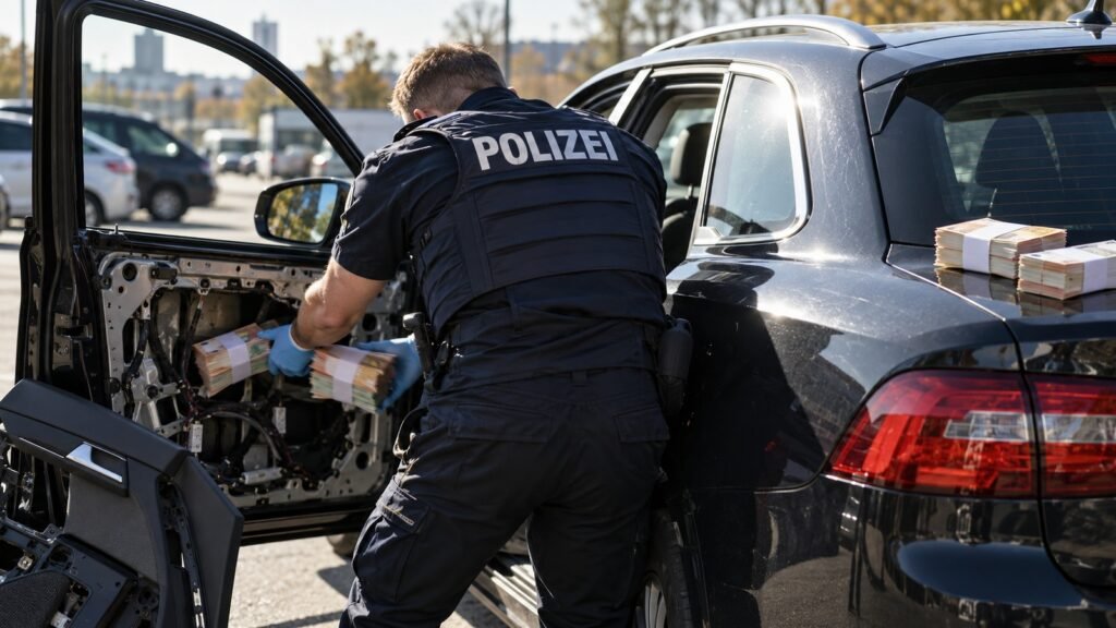 Einziehung: Polizeibeamter zieht bei einer Fahrzeugkontrolle gebündelte Geldscheine aus dem Hohlraum einer abgenommenen Türverkleidung