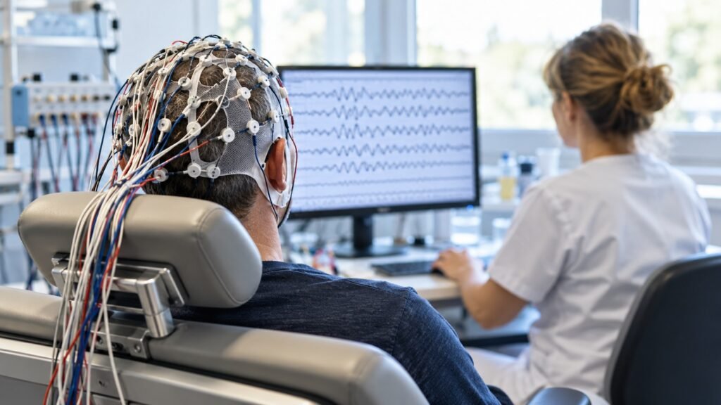 Epilepsie und Fahreignung: Patient mit EEG-Haube, medizinisch-technische Assistentin wertet die Hirnstromkurven aus