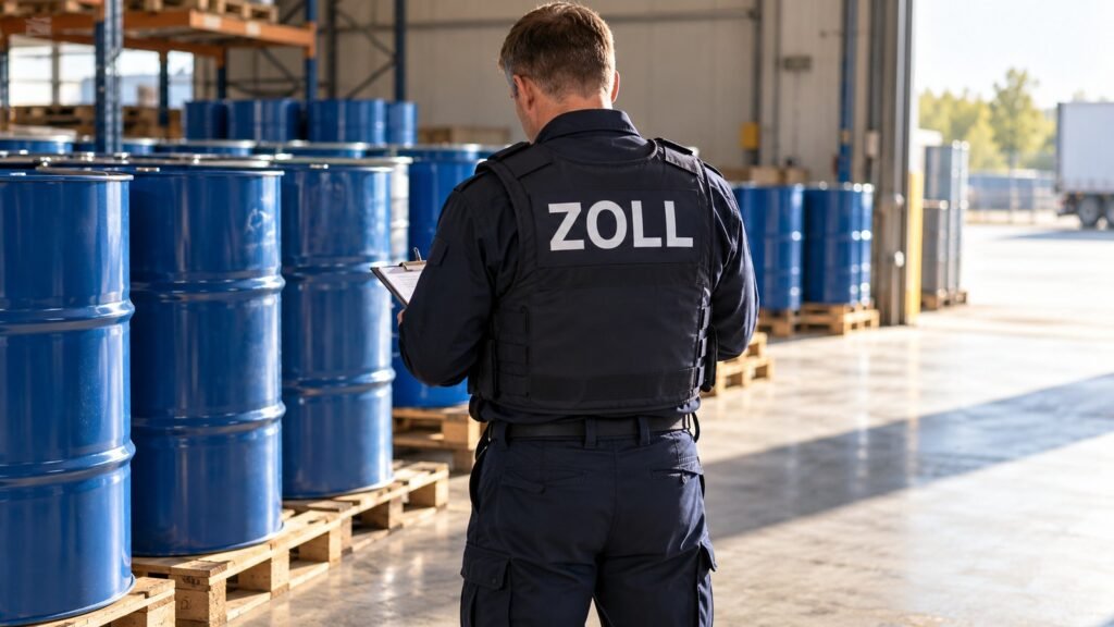 Essigsäureanhydrid: Zollbeamter kontrolliert blaue Chemiefässer auf Paletten in einer Lagerhalle