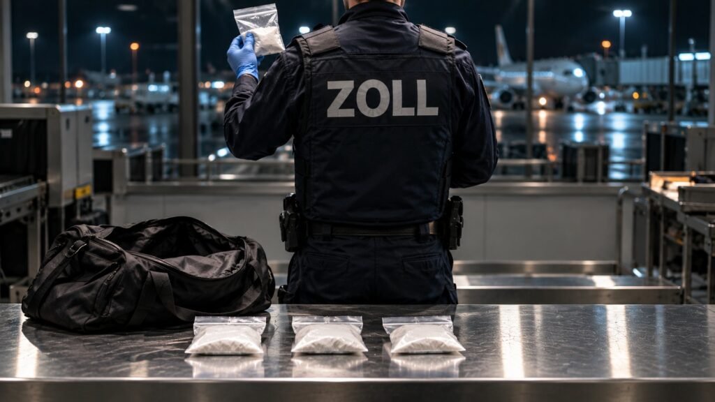 Ethylphenidat: Zollbeamter prüft bei der Gepäckkontrolle am Flughafen einen gefüllten Druckverschlussbeutel mit weißem Pulver