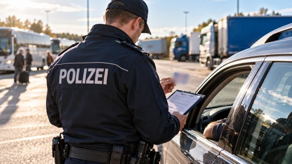 EU-Führerschein: Polizeibeamter prüft auf einem Autobahnrastplatz einen Kartenführerschein am Fahrerfenster