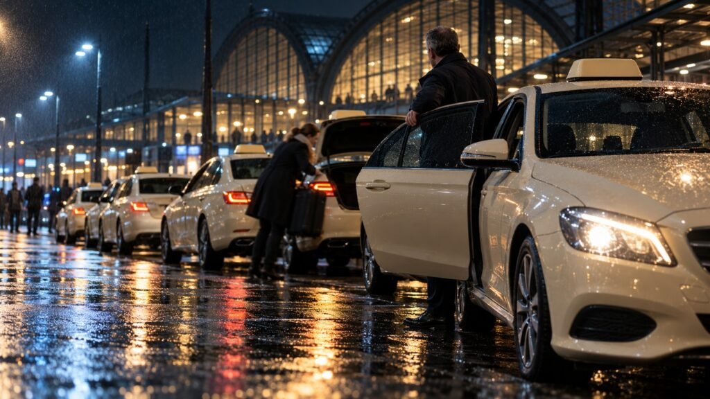 Fahrgastbeförderung: Taxireihe auf nassem Asphalt vor dem Hauptbahnhof bei Nacht, ein Fahrer an der geöffneten Fahrertür blickt die Wagenreihe entlang