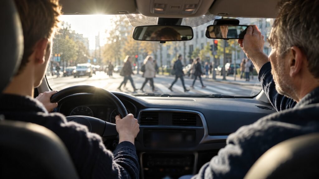 Fahrlehrer im Fahrschulwagen: Blick vom Rücksitz, der Fahrschüler am Steuer, der Fahrlehrer richtet den zweiten Innenspiegel vor einem Zebrastreifen im Gegenlicht