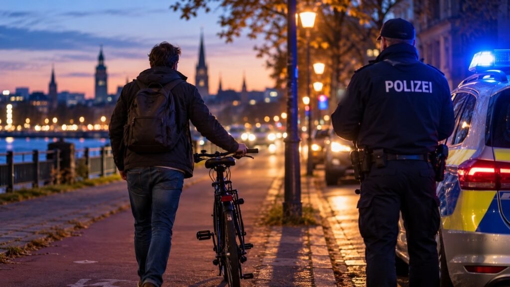 Fahrradverbot nach § 3 FeV: Mann schiebt sein Fahrrad in der Abenddämmerung an einem Polizeibeamten vorbei