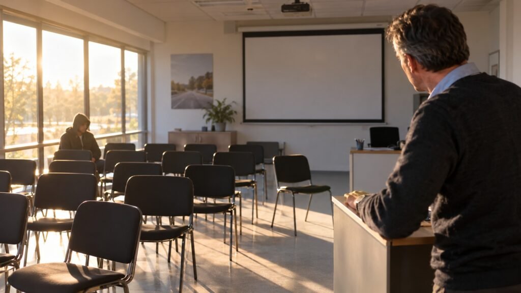 Fahrschule: Fahrlehrer am Stehpult blickt auf einen einzelnen jungen Mann in der hintersten Stuhlreihe des Theorieraums, Gegenlicht am späten Nachmittag