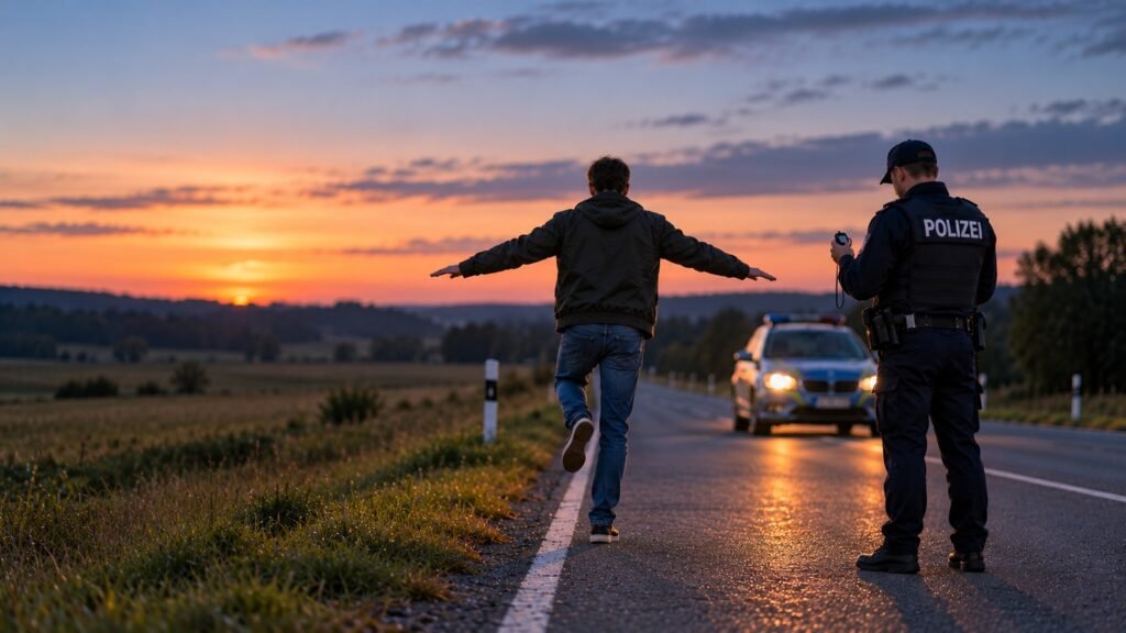 Fahrtüchtigkeitstest in der Dämmerung: Einbeinstand am Seitenstreifen einer Landstraße, Polizeibeamter mit Stoppuhr