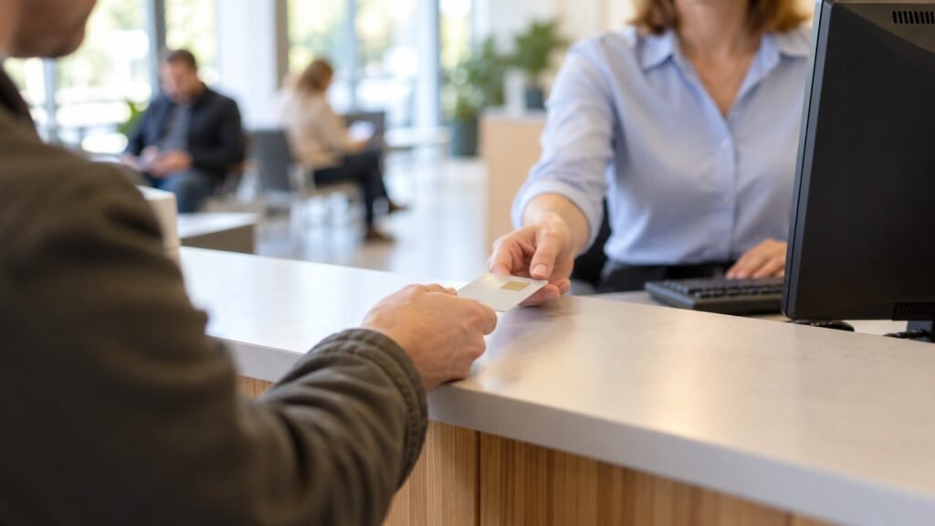 Fahrverbot nach § 44 StGB: ein Mann legt am Schalter eines Bürgeramts seinen Führerschein auf die Theke, die Sachbearbeiterin greift danach