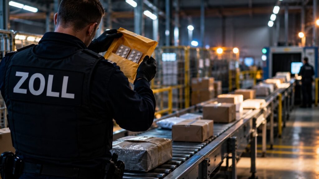 Flunitrazepam als Blisterstreifen in einer geöffneten gelben Versandtasche, ein Zollbeamter hält sie im Paketverteilzentrum gegen das Licht