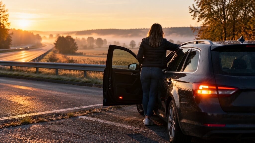 Angststörung und Fahrerlaubnis: Frau steht im Morgenlicht neben ihrem Wagen auf einem Autobahnrastplatz