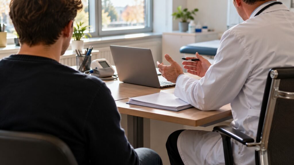 Arzt im weißen Kittel im Gespräch mit einem Patienten im Sprechzimmer, Blutdruckmessgerät und Laptop auf dem Schreibtisch