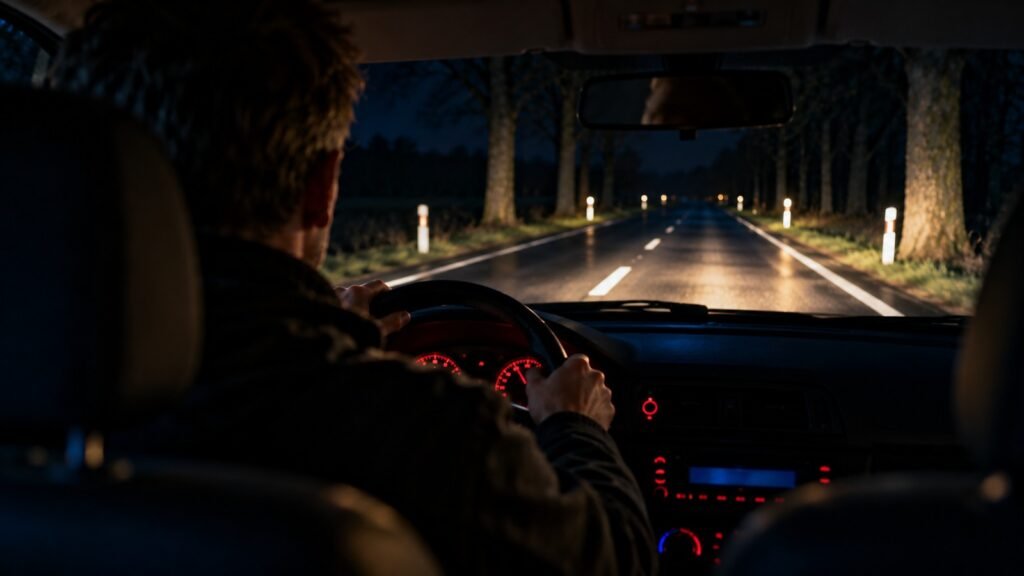 Schlafmittel am Steuer: nächtliche Fahrt auf einer Landstraße, rot leuchtendes Armaturenbrett, Fahrer von hinten