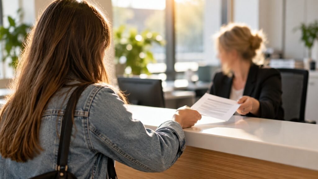 Ersterteilung der Fahrerlaubnis nach einem Drogendelikt: junge Frau reicht am Schalter der Führerscheinstelle ihren Antrag ein