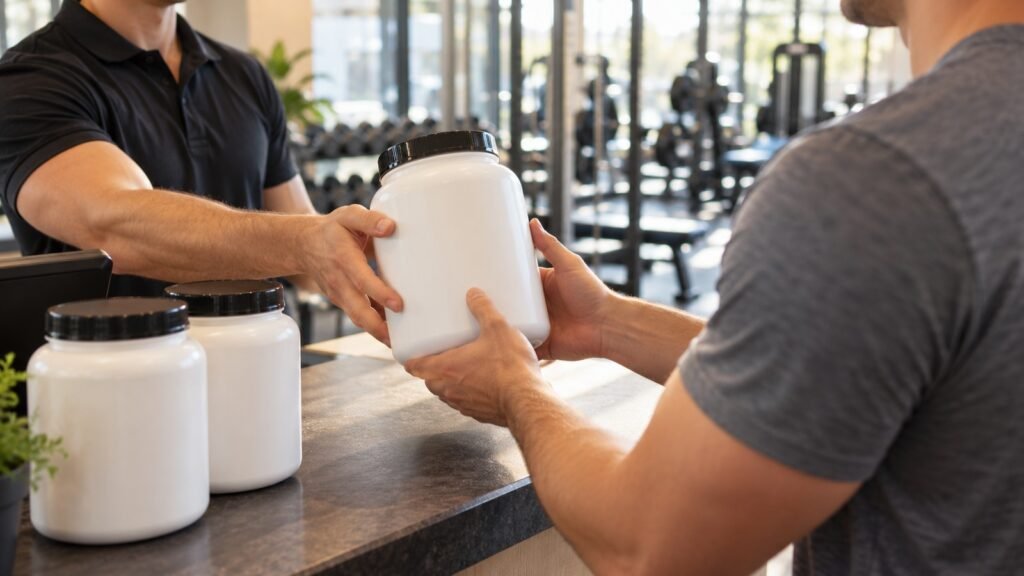 Funktionsarzneimittel oder Nahrungsergänzungsmittel: an einer Fitnessstudio-Theke wird eine unbeschriftete weiße Dose mit Pulver über den Tresen gereicht