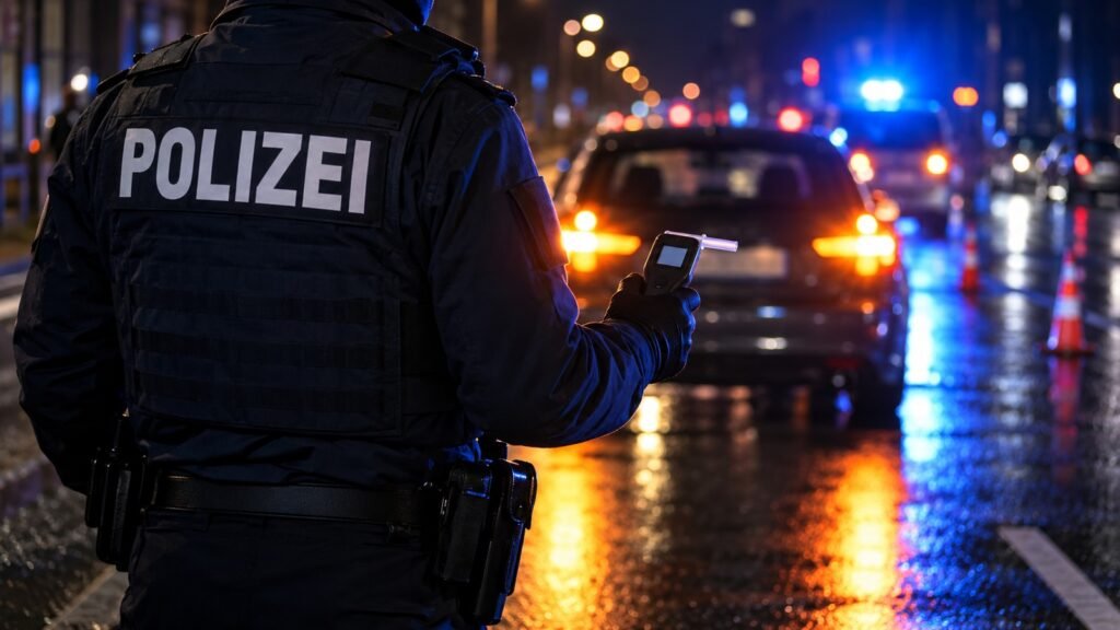 Gefahrengrenzwert bei einer nächtlichen Verkehrskontrolle: Polizeibeamter von hinten mit Atemalkoholmessgerät am Straßenrand