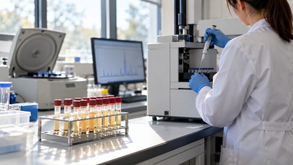 Grenzwert im rechtsmedizinischen Labor: eine Laborantin setzt eine Serumprobe in den Gaschromatographen ein, davor ein Rack mit Blutserumröhrchen