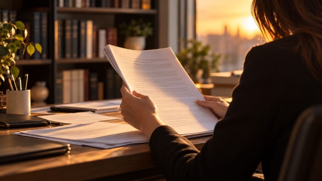 Gutachten in der Fahreignungsbegutachtung: eine Person liest am Schreibtisch ein mehrseitiges Schriftstück im Abendlicht