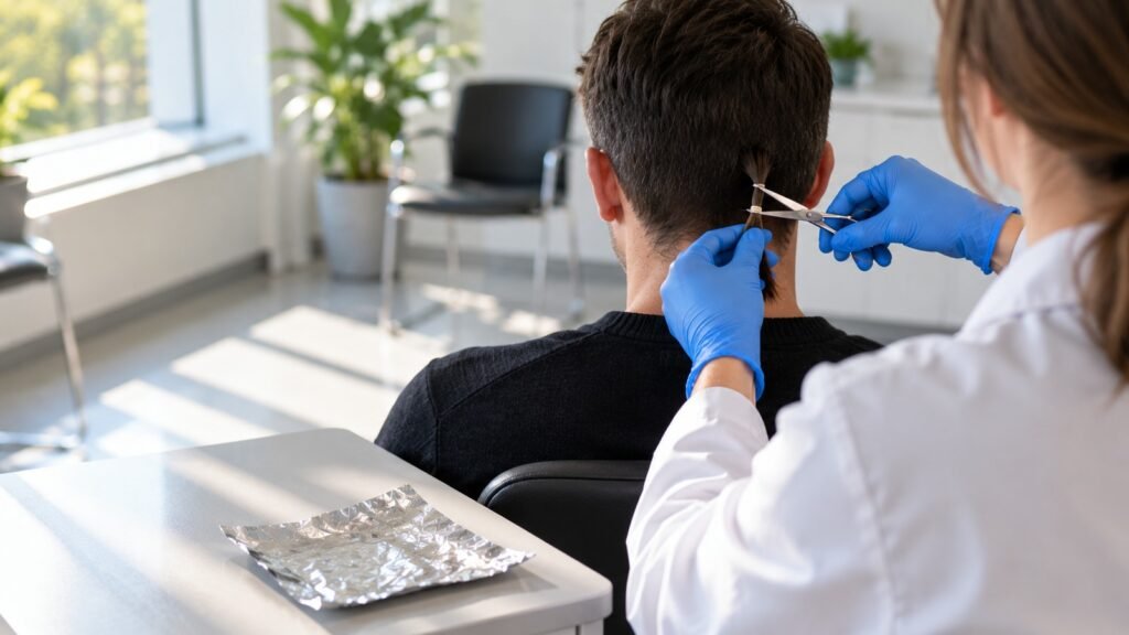 Haaranalyse in der Begutachtungsstelle: Technikerin von halb hinten schneidet bei Tageslicht an den Hinterhaupthöckern einer sitzenden Person eine bleistiftdicke Haarsträhne ab, auf dem Tisch liegt Alufolie