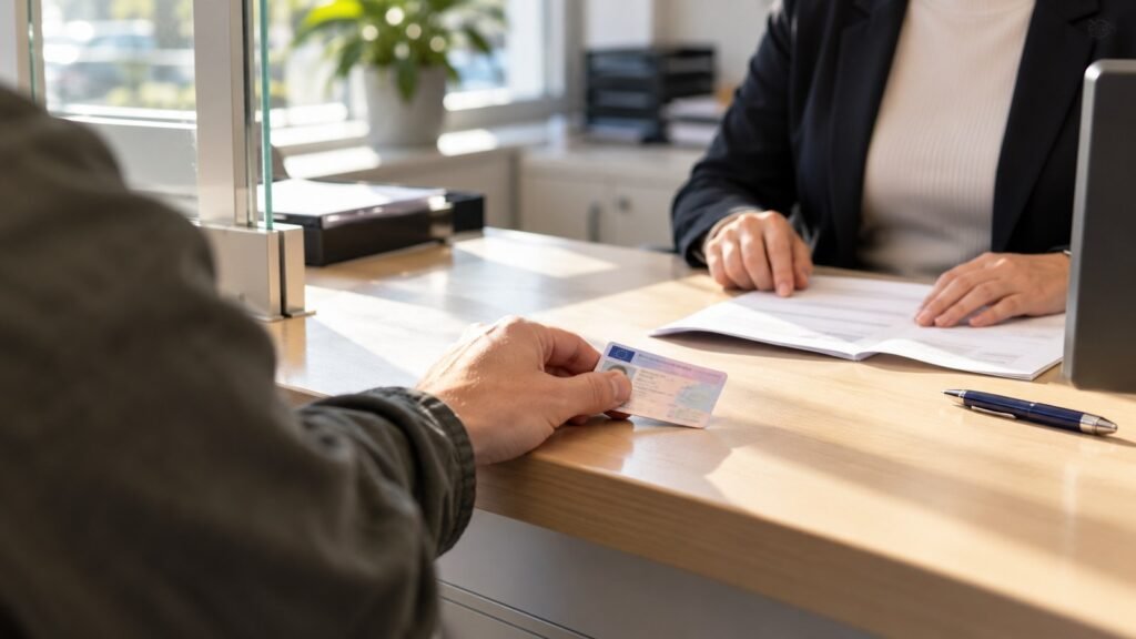 Drogen und der Führerschein: Ein Mann legt am Schalter einer Fahrerlaubnisbehörde seinen Führerschein auf den Tresen, daneben ein geöffneter Behördenbescheid.