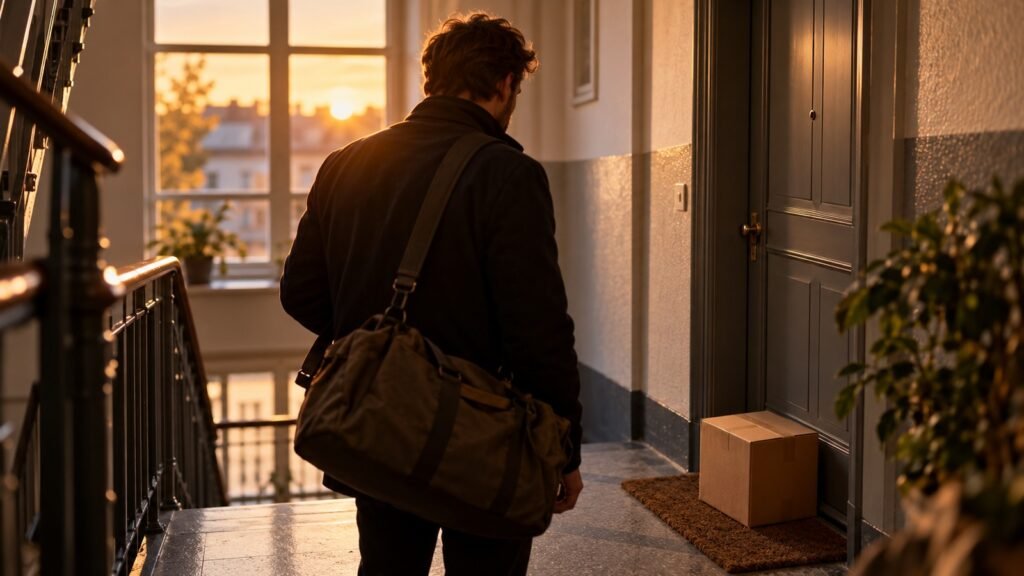 HHC-Blüten im Paket: Ein Mann mit Reisetasche steht im Treppenhaus vor einer Wohnungstür, davor ein Karton