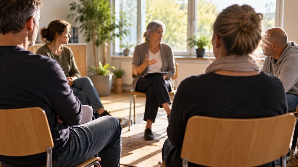 Arzneimittelabhängigkeit: Gruppensitzung im Stuhlkreis einer suchttherapeutischen Einrichtung bei Tageslicht
